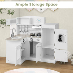 White Corner Play Kitchen for Kids with Detachable Fridge, Water Dispenser and Cookware