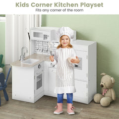White Corner Play Kitchen for Kids with Detachable Fridge, Water Dispenser and Cookware