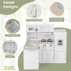 White Corner Play Kitchen for Kids with Detachable Fridge, Water Dispenser and Cookware