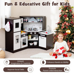 Coffee Brown Corner Play Kitchen with Separate Washing Basin and Light Up Tap