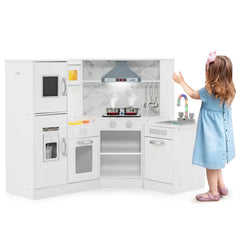 White Corner Play Kitchen for Kids with Separate Washing Basin and Rainbow Tap