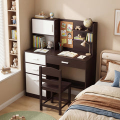 Kids Desk and Chair Set with Bulletin Board and 3 Drawers 2 Storage Cabinets-Rustic Brown