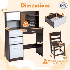 Kids Desk and Chair Set with Bulletin Board and 3 Drawers 2 Storage Cabinets-Rustic Brown