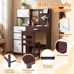 Kids Desk and Chair Set with Bulletin Board and 3 Drawers 2 Storage Cabinets-Rustic Brown