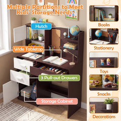 Kids Desk and Chair Set with Bulletin Board and 3 Drawers 2 Storage Cabinets-Rustic Brown