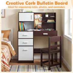 Kids Desk and Chair Set with Bulletin Board and 3 Drawers 2 Storage Cabinets-Rustic Brown