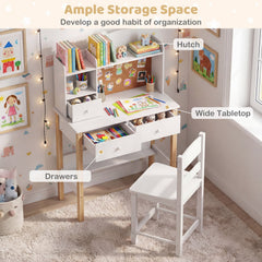Kids Desk and Chair Set with Hutch Bulletin Board and Drawers-White