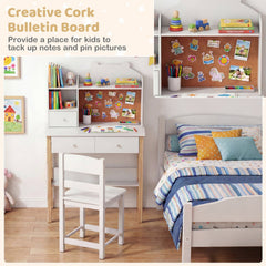 Kids Desk and Chair Set with Hutch Bulletin Board and Drawers-White