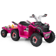 6V Kids Electric ATV Quad with Trailer, Backrest Seat and Seat Safety Lock, Rose Red