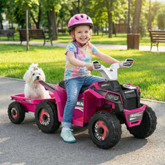 6V Kids Electric ATV Quad with Trailer, Backrest Seat and Seat Safety Lock, Rose Red