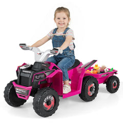 6V Kids Electric ATV Quad with Trailer, Backrest Seat and Seat Safety Lock, Rose Red
