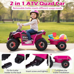 6V Kids Electric ATV Quad with Trailer, Backrest Seat and Seat Safety Lock, Rose Red