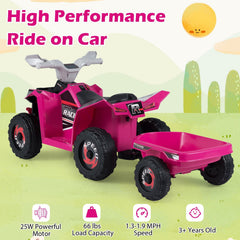 6V Kids Electric ATV Quad with Trailer, Backrest Seat and Seat Safety Lock, Rose Red
