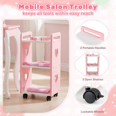 Kids Hair Salon Play Set with LED Lighted Mirror Wooden Pretend Hair Salon Station with Swivel Barber Chair-Pink