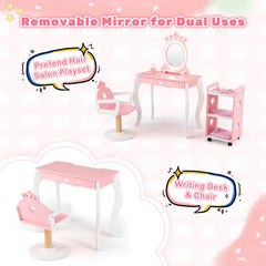 Kids Hair Salon Play Set with LED Lighted Mirror Wooden Pretend Hair Salon Station with Swivel Barber Chair-Pink