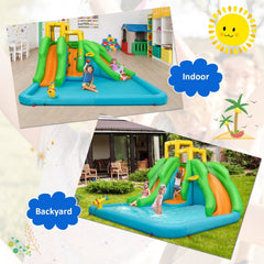 Inflatable Water Park with Two Slides, Climbing Wall and 480W Blower