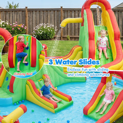 Kids Inflatable Water Park with Three Water Slides, Tunnel and Splash Pool, No Blower