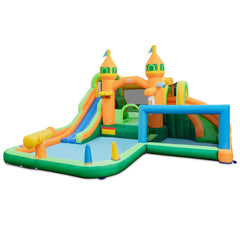 Castle Inflatable Water Park with Two Surfing Slides and Soccer Goal, No Blower