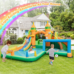 Castle Inflatable Water Park with Two Surfing Slides and Soccer Goal, No Blower