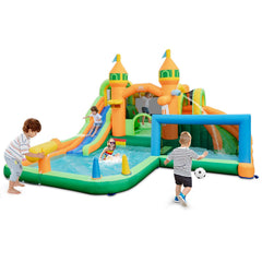 Castle Inflatable Water Park with Two Surfing Slides and Soccer Goal, No Blower