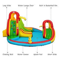 Inflatable Water Park with Long and Short Slides, Lounge Chair and Climbing Wall, No Blower