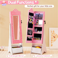 Kids Jewelry Armoire Freestanding Jewelry Cabinet with 3-Color Lighted Full Length Mirror-Pink