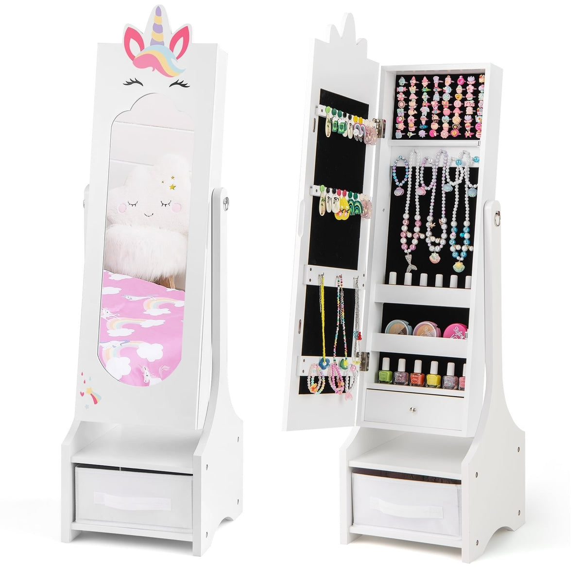 Kids Jewelry Cabinet with Full-Length Mirror for Kids Bedroom and Playroom-White