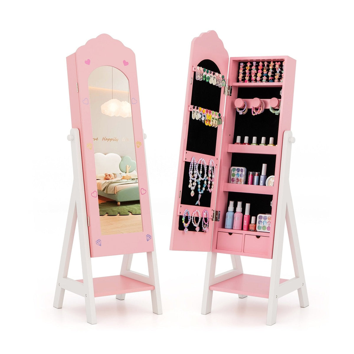 Kids Jewelry Organizer with Full Length Mirror Drawers and Storage Shelves-Pink