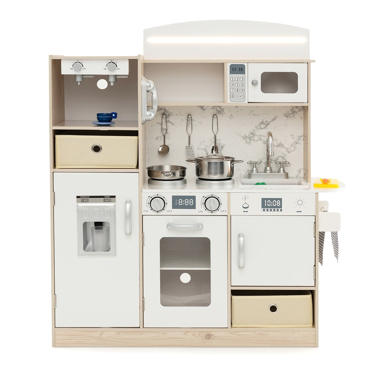 Wooden Play Kitchen for Kids with Remote Control LED Light Bar and Fabric Bins