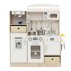 Wooden Play Kitchen for Kids with Remote Control LED Light Bar and Fabric Bins