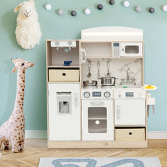 Wooden Play Kitchen for Kids with Remote Control LED Light Bar and Fabric Bins