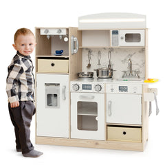 Wooden Play Kitchen for Kids with Remote Control LED Light Bar and Fabric Bins