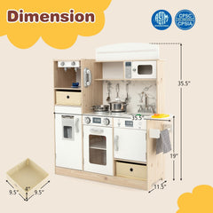 Wooden Play Kitchen for Kids with Remote Control LED Light Bar and Fabric Bins