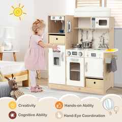 Wooden Play Kitchen for Kids with Remote Control LED Light Bar and Fabric Bins
