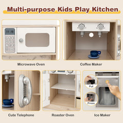 Wooden Play Kitchen for Kids with Remote Control LED Light Bar and Fabric Bins