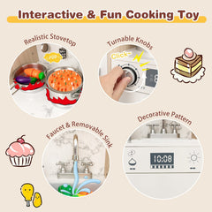 Wooden Play Kitchen for Kids with Remote Control LED Light Bar and Fabric Bins