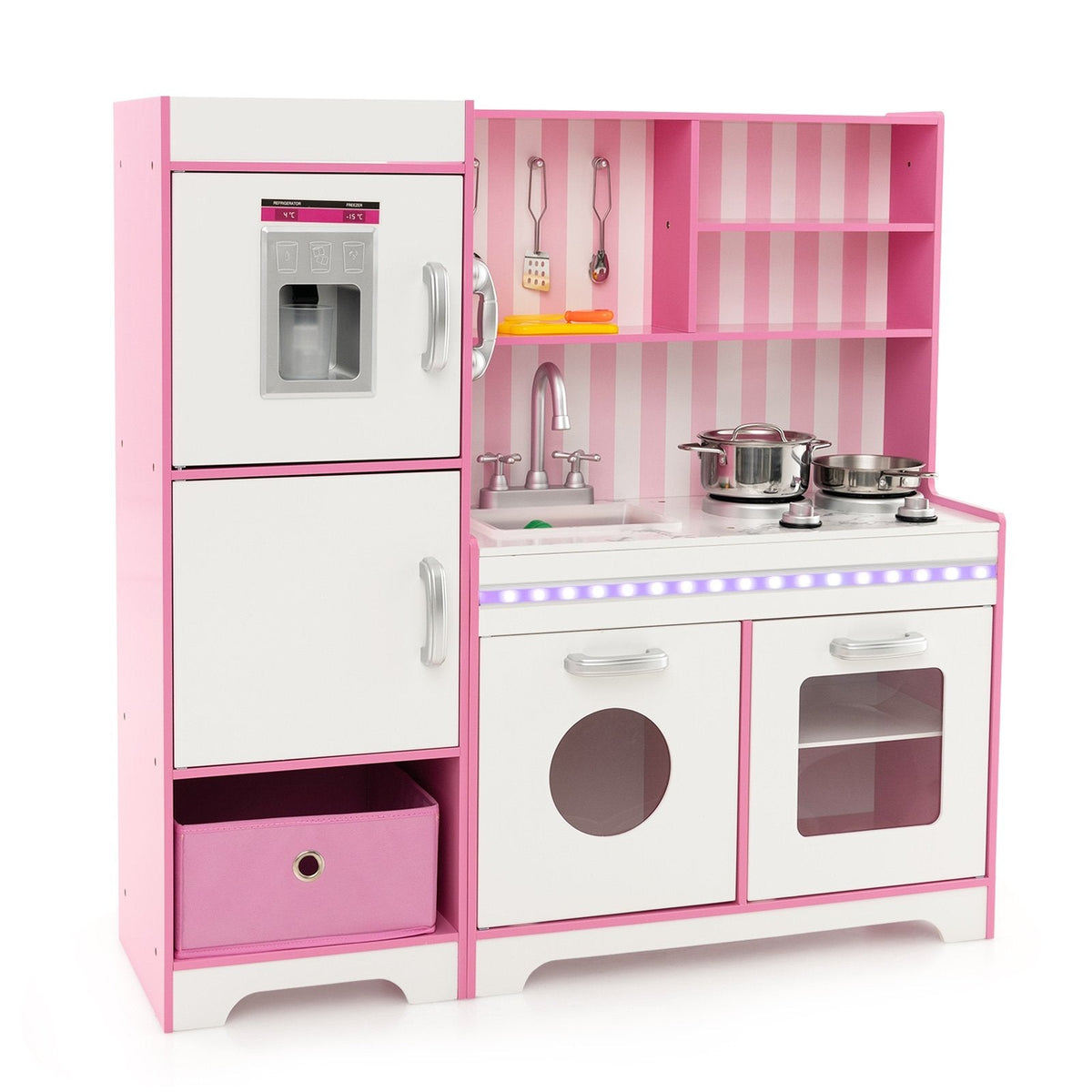 Pink Play Kitchen with LED Light Bar, Ice Maker, Washing Machine and Fabric Bin
