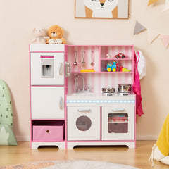 Pink Play Kitchen with LED Light Bar, Ice Maker, Washing Machine and Fabric Bin