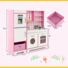 Pink Play Kitchen with LED Light Bar, Ice Maker, Washing Machine and Fabric Bin