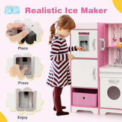 Pink Play Kitchen with LED Light Bar, Ice Maker, Washing Machine and Fabric Bin