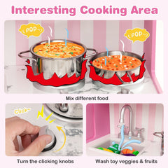 Pink Play Kitchen with LED Light Bar, Ice Maker, Washing Machine and Fabric Bin