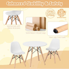 Kids Round Table and 2 Armless Chair Set, White with Beech Legs