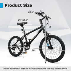 20 Inch Kids Mountain Bike with Shimano 6 Speed and Suspension Fork, Black