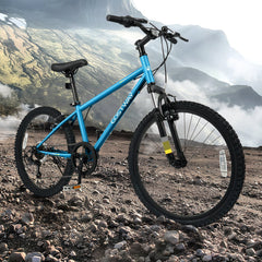 24 Inch Kids Mountain Bike with Shimano 6 Speed and Suspension Fork, Blue