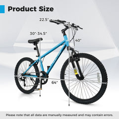 24 Inch Kids Mountain Bike with Shimano 6 Speed and Suspension Fork, Blue