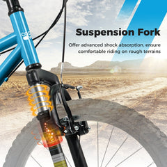 24 Inch Kids Mountain Bike with Shimano 6 Speed and Suspension Fork, Blue