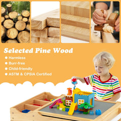 Kids Multi Activity Play Table Wooden Building Block Desk with Storage Paper Roll-Natural