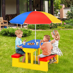 Kids Folding Picnic Table and Bench Set with Umbrella, Blue, Yellow and Red