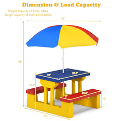 Kids Folding Picnic Table and Bench Set with Umbrella, Blue, Yellow and Red