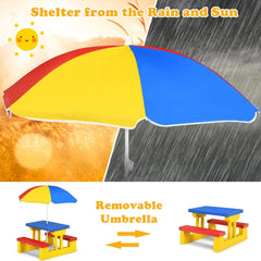 Kids Folding Picnic Table and Bench Set with Umbrella, Blue, Yellow and Red